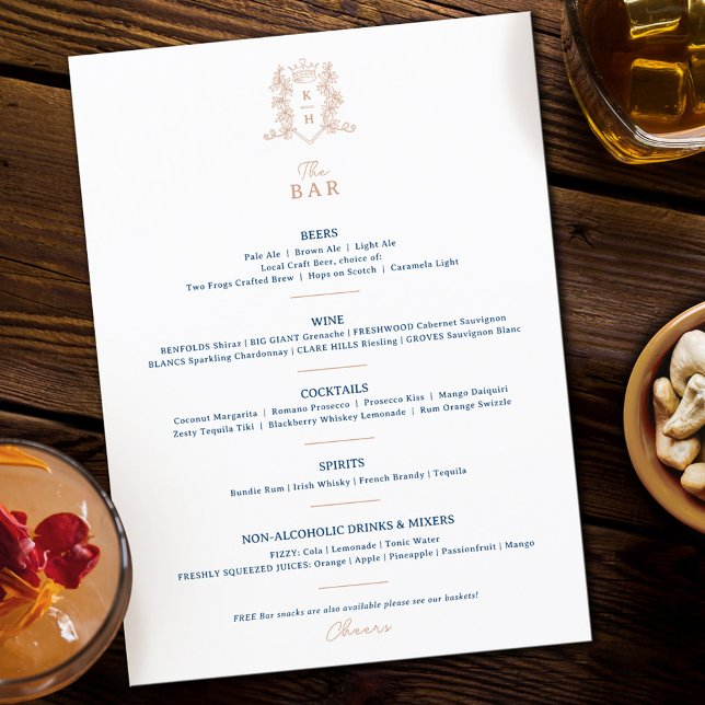 Menu Barre de mariage monogramme blanche en couronne bl (Créateur téléchargé)