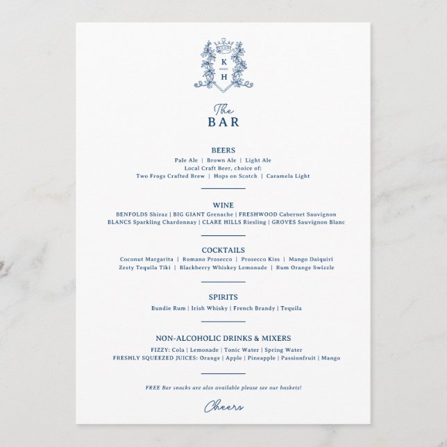 Menu Barre de mariage monogramme blanche en couronne bl (Devant)