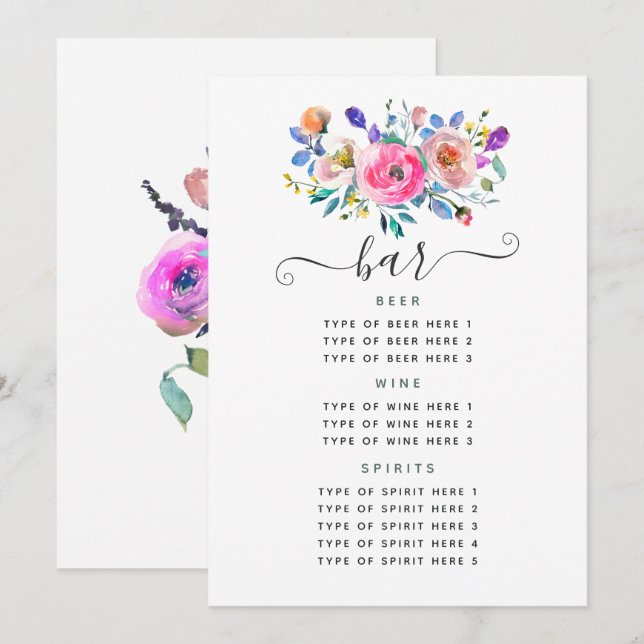 Menu Barre de mariage vintage à fleurs rose chaud (Devant / Derrière)