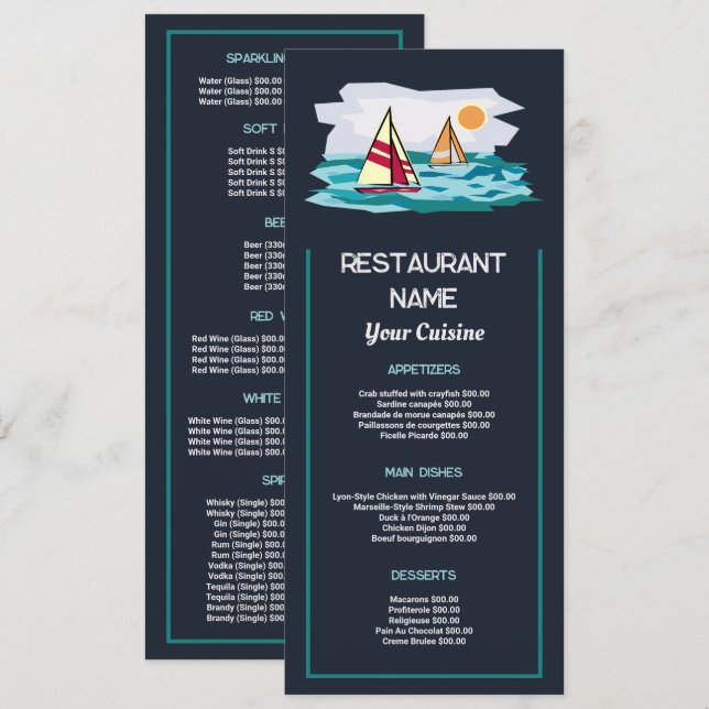 Menu Bateau à voile Sunrise, Restaurant Slimline (Devant / Derrière)