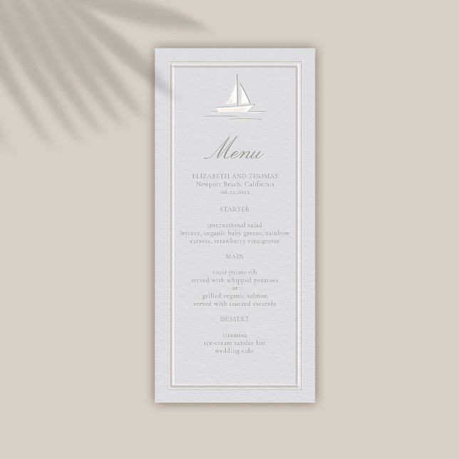 Menu Bateau côtier Faux nautiques Embossés Mariage offi (coastal wedding menu classic formal traditional frame faux embossed boat nautical beach yacht)