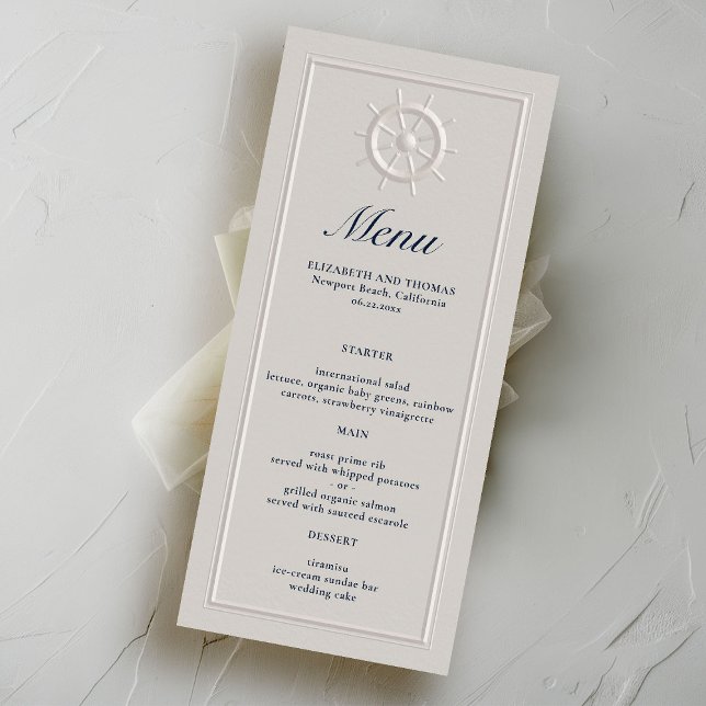 Menu Bateau côtier Helm Faux Embossé Mariage officiel (nautical wedding menu card faux embossed boat helm double frame modern classic navy ivory elegant)