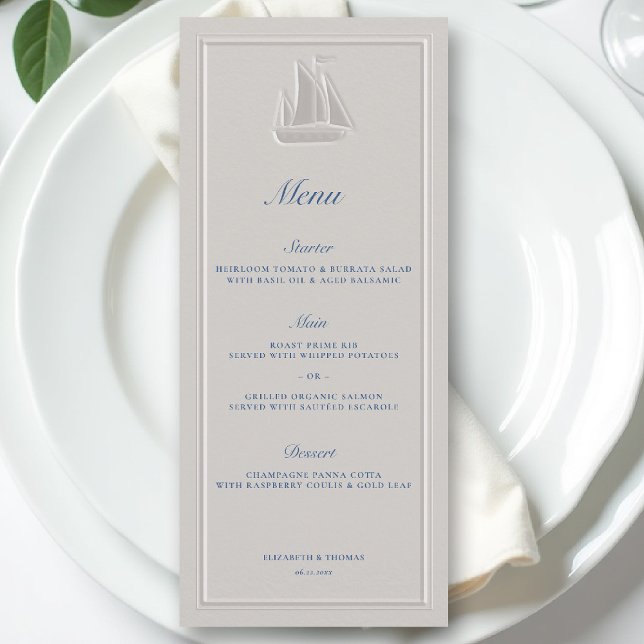 Menu Bateau de voile nautique côtier Mariage élégant fo (coastal wedding menu nautical sailboat formal traditional double frame modern classic ivory )