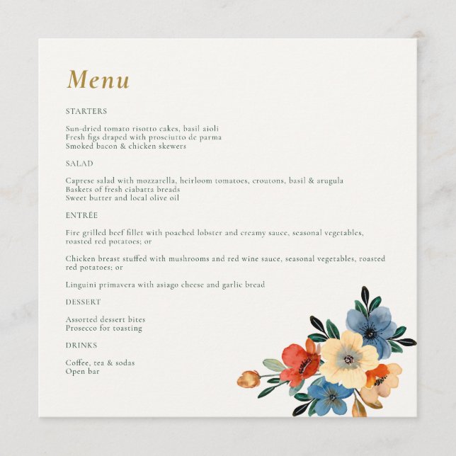 Menu Beau Mariage d'aquarelle fleurie (Devant)