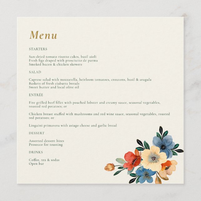 Menu Beau Mariage d'ivoire Floral Aquarelle (Devant)