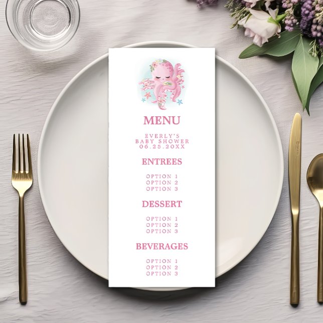 Menu Bébé Fille Shower Poulpe Rose Aquarelle (Créateur téléchargé)