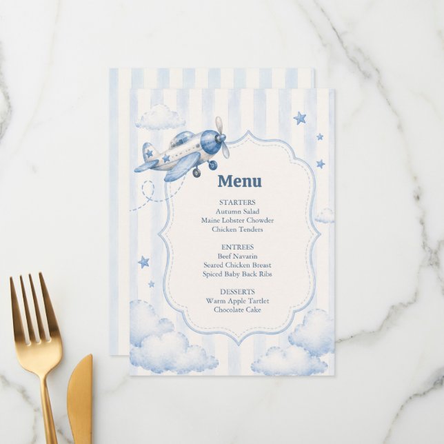 Menu Bébé Garçon Thème Avion Fête Prénatale Bientôt à l (Devant/Arrière en situation)