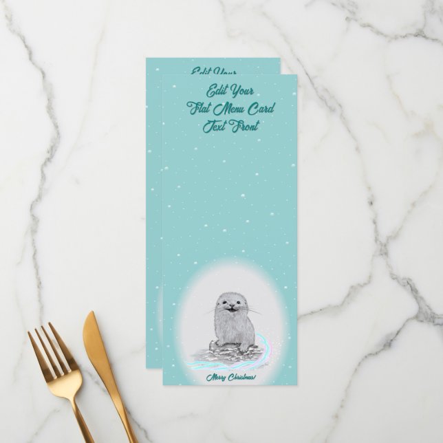 Menu Bébé loutre de mer blanche mignonne, Joyeux Noël (Devant/Arrière en situation)
