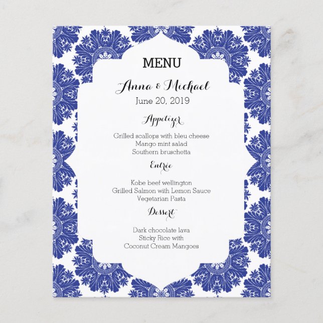 MENU Belle suite Mariage Baroque Bleue & Blanc (Devant)