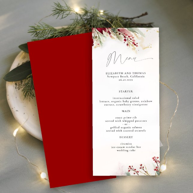 Menu Berries vert d'hiver Rouge Botanique vert moderne (winter christmas wedding bridal shower menu greenery botanical berries red green gold watercolor)