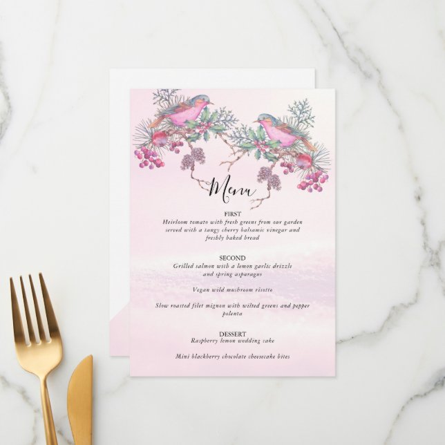 Menu Birds & Berries Pinecone Watercolor Winter Wedding (Devant/Arrière en situation)