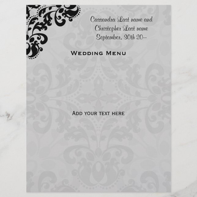 Menu Black and grey Victorian mariage damassé (Devant)