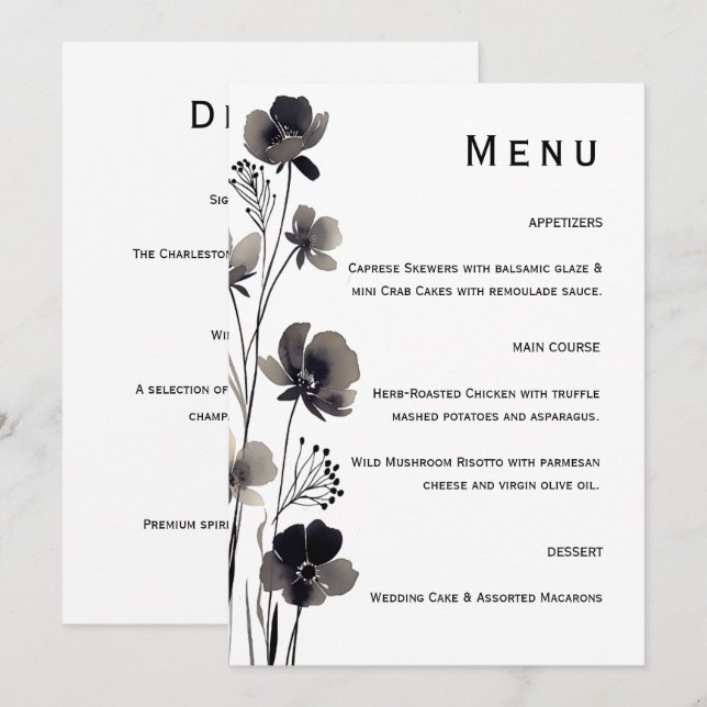 Menu Black and White Floral Wedding (Devant / Derrière)