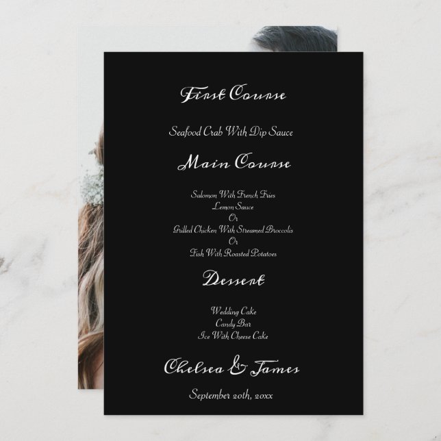 Menu Black Elegant Photo Calligraphie Script Mariage (Devant / Derrière)