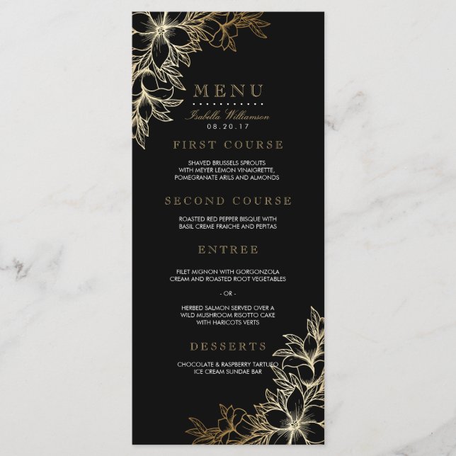 Menu Black & Gold Floral Engagement Party (Devant)