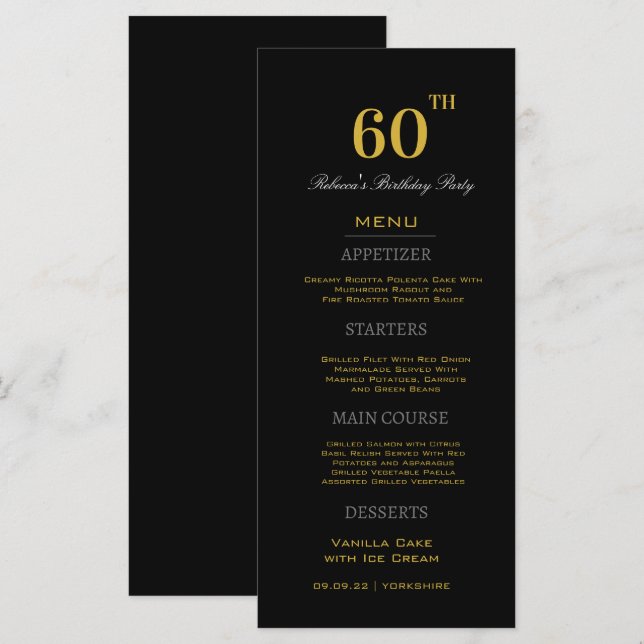 Menu Black & Gold minimum 60e fête d'anniversaire Perso (Devant / Derrière)