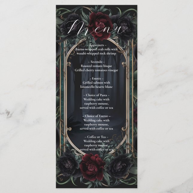 Menu Black Roses Floral Gothic Halloween Wedding (Devant)