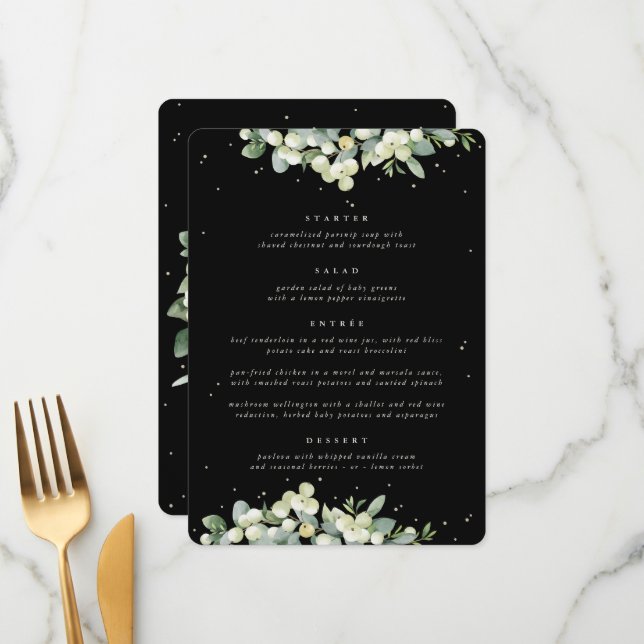 Menu Black Snowberry + Eucalyptus 4 Parcours Mariage (Devant/Arrière en situation)
