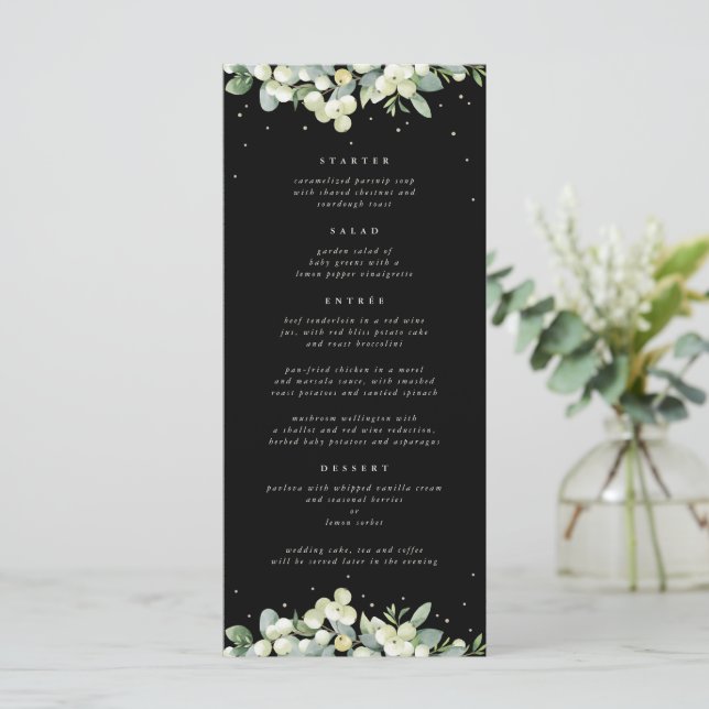 Menu Black Snowberry+Eucalyptus 4 Parcours Mariage plat (Debout devant)