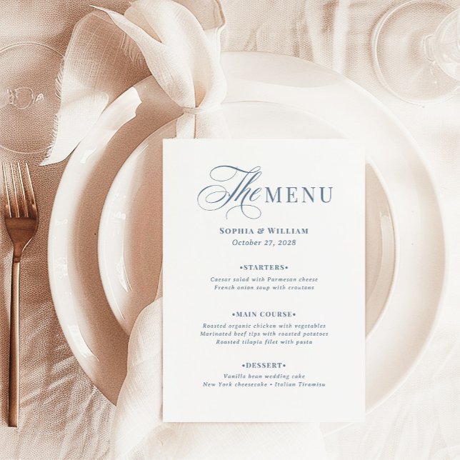 Menu Blanc Élégant et Bleu Poussiéreux | Luxe Classique (Créateur téléchargé)