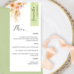 Menu Blanc vert et blanc de pêche Personnalisé avec le<br><div class="desc">Pourquoi passer à l'endroit cartes et cartes de menu quand vous pouvez avoir un élégant menu tout-en-un élégant personnalisé avec chaque nom d'invité! Contemporain, simple et élégant design avec des détails floral d'aquarelle exquis dans un beau mélange de teintes pêche, orange, rousse, rose poussiéreuse, crème et champagne. Eléments calligraphiques écrits...</div>