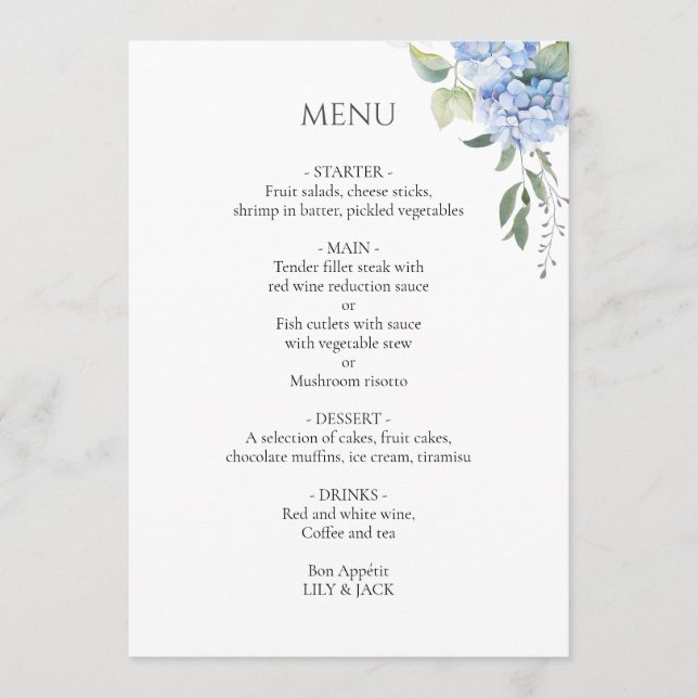 Menu BLANCHE | Elégant Mariage bleu beige Hydrangea (Devant)