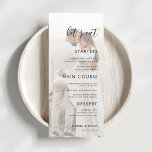 Menu Blanche Fondu de la photo décolorée Superposition<br><div class="desc">Ce menu de mariage élégant avec photo personnalisée,  texte et script moderne ferait un merveilleux ajout à votre fête! Modifiez facilement le texte en cliquant sur l'option "personnaliser ce modèle".</div>