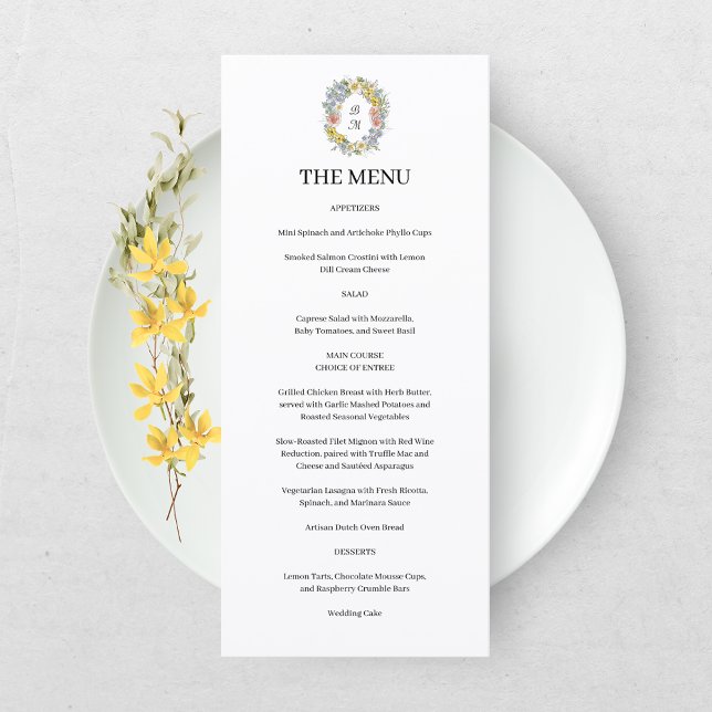 Menu Blason de monogramme floral à fleurs sauvages élég (Créateur téléchargé)