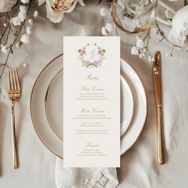 Menu Blason de monogramme floral vert rose pour mariage (Créateur téléchargé)