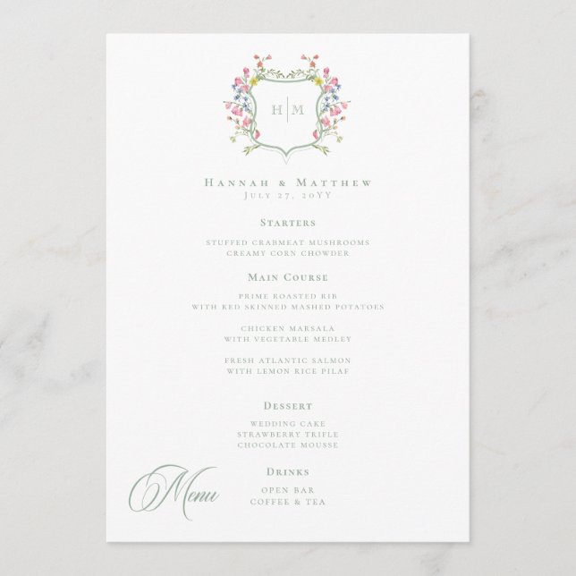Menu Blason Élégant de Mariage Fleur Sauvage Poussiéreu (Devant)