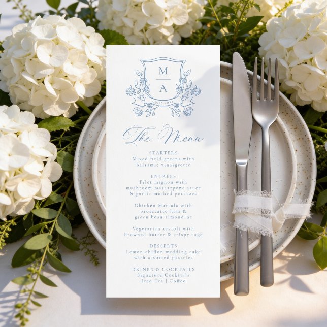 Menu Blason Floral Bleu Français Élégant Monogramme de  (Créateur téléchargé)