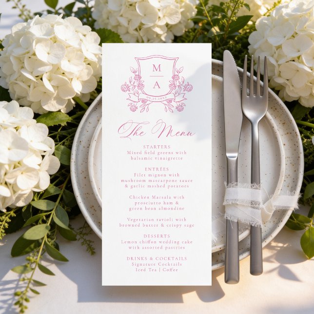 Menu Blason Floral Rose Élégant Monogramme de Mariage (Créateur téléchargé)