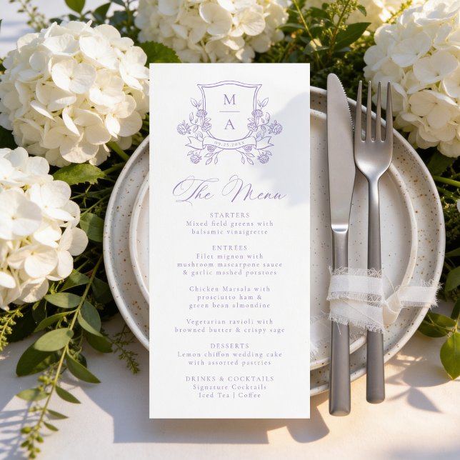 Menu Blason Floral Violet Élégant Monogramme de Mariage (Créateur téléchargé)