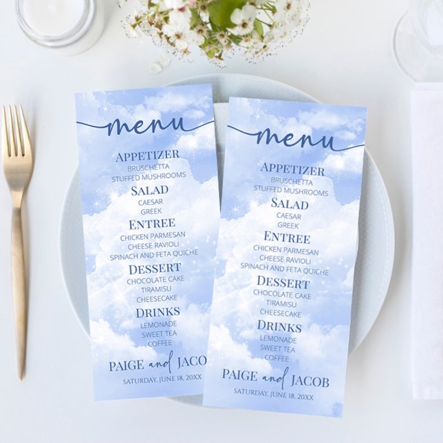 Menu Bleu Blanc Étincelle Nuages Rêveur Élégant Mariage (Créateur téléchargé)