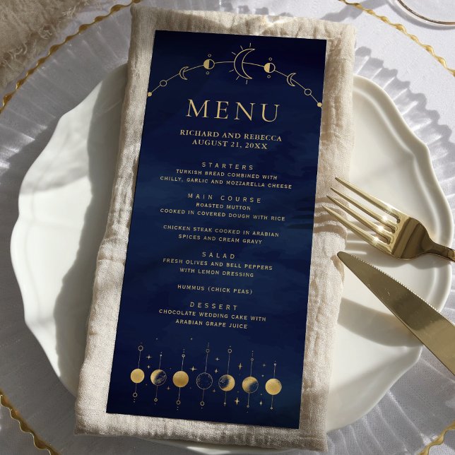 Menu Bleu Céleste Or Croissant de Lune Phases de Lune M (Créateur téléchargé)