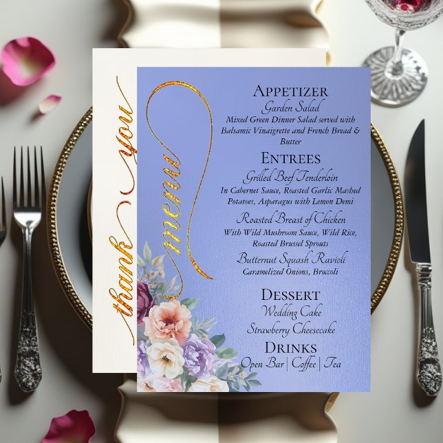 Menu Bleu ciel - Fleurs sauvages, monogramme et merci  (Créateur téléchargé)