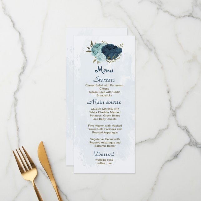 Menu bleu clair bleu marine bleu fleurs mariage botaniq (Devant/Arrière en situation)
