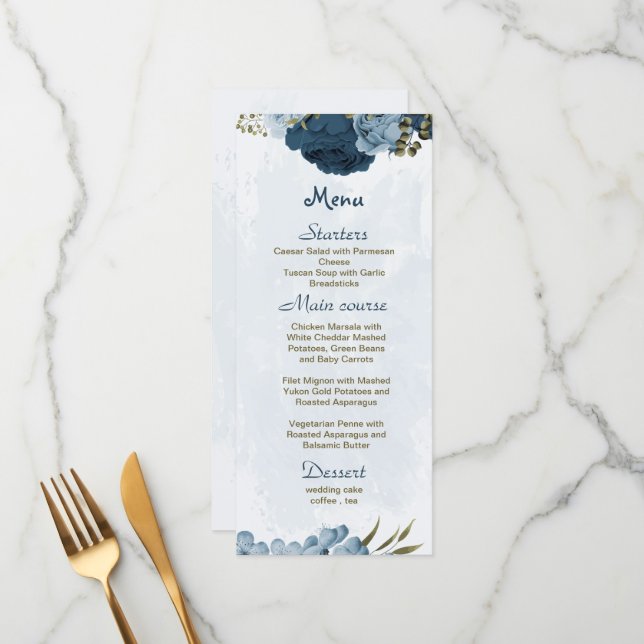 Menu bleu clair bleu marine bleu fleurs mariage botaniq (Devant/Arrière en situation)
