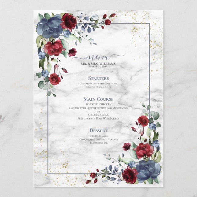 Menu Bleu clair Bourgogne Mariage floral