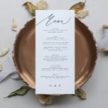 Menu Bleu classique Élégant Marine Calligraphie blanche<br><div class="desc">menu mince pour correspondre à la collection *si vous voulez plus d'options papier cette conception peut être transférée à un programme mince *ou pour plus d'aide contactez-moi</div>