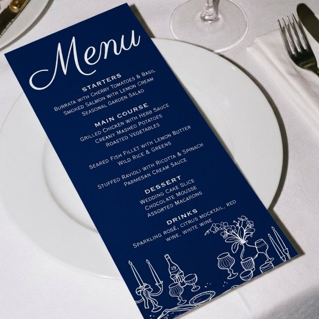 Menu Bleu Cobalt Ancienne Fortune Illustrée Chic Mariag (Créateur téléchargé)