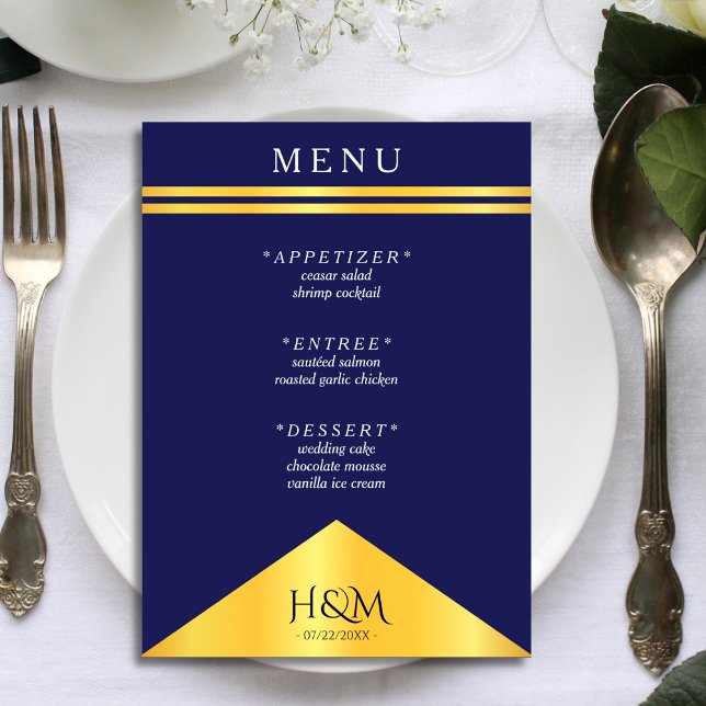 Menu Bleu de la Marine Bleu Bande Or Fancy Mariage Réce (navy blue and gold wedding menu)
