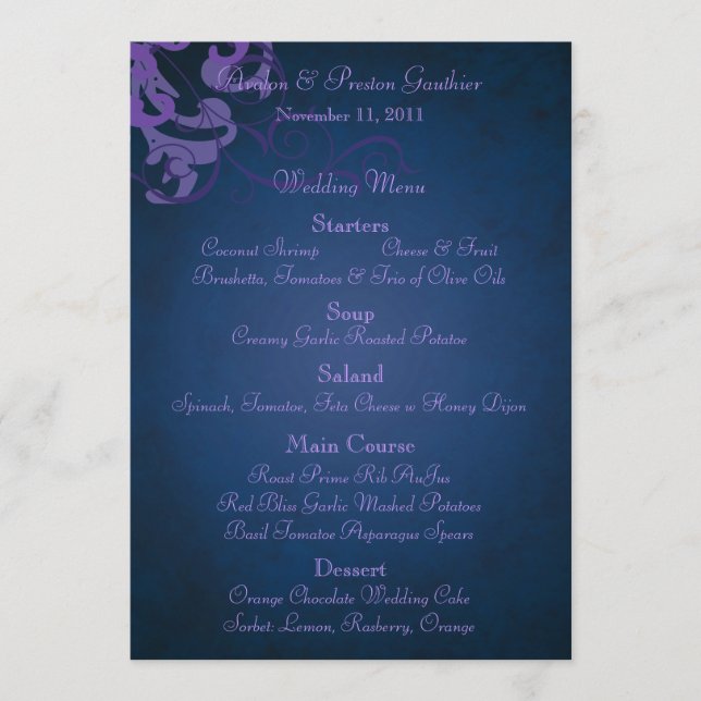 Menu bleu de mariage de rouleau pourpre noble (Devant)