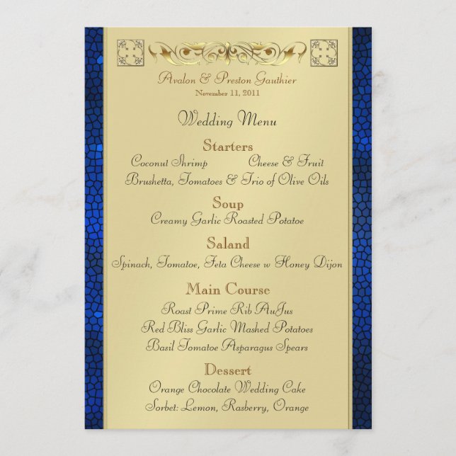 Menu bleu de mariage en verre souillé de rouleau (Devant)