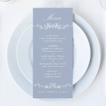 Menu Bleu Dusty Classic Frontière Florale Française<br><div class="desc">Elégante carte de mariage floral bleu poussiéreux avec une crête florale et des monogrammes à l'arrière. Pour une personnalisation plus avancée de cette conception,  cliquez sur le BOUTON DESIGN TOOL ci-dessus !</div>