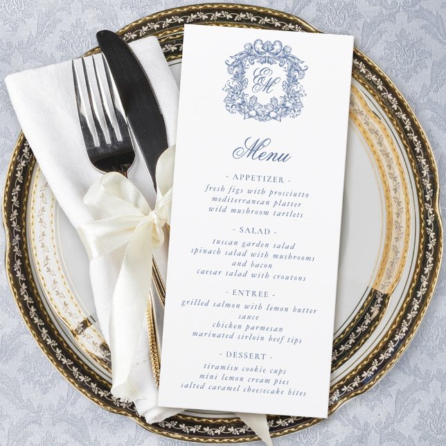 Menu Bleu Élégant Script Monogram Crest Mariage (Créateur téléchargé)