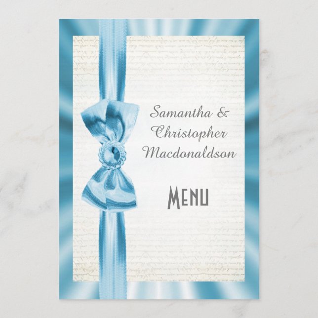 Menu bleu en pastel simple de mariage d'arc de (Devant)