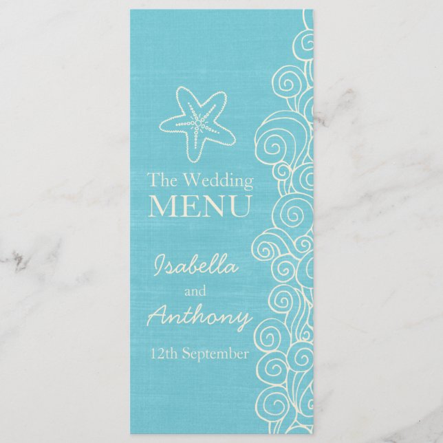Menu bleu et crème d'étoile de mer de mariage de (Devant)