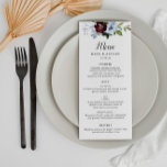 Menu bleu mariage de Bourgogne<br><div class="desc">Un magnifique design à thème mariage à fleurs avec de belles fleurs d'aquarelle bleu bordeaux et poussiéreuses. La couleur et le texte peuvent être personnalisés.</div>