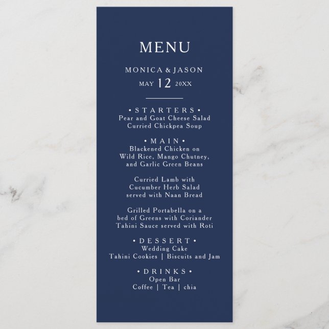 Menu Bleu marin minimal classique | Dîner Mariage Argen (Devant)
